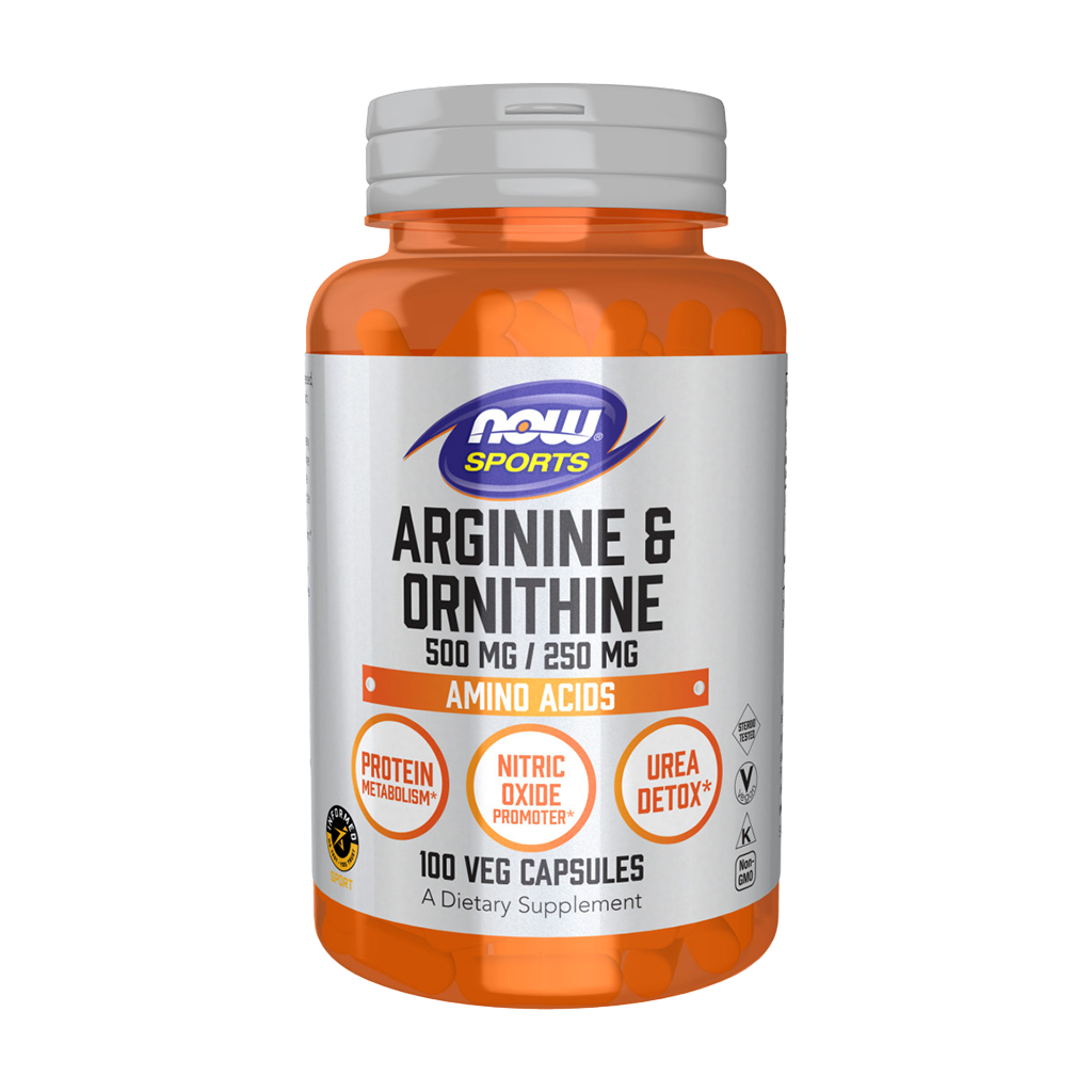 now foods arginine ornithine 100 capsules voorkant