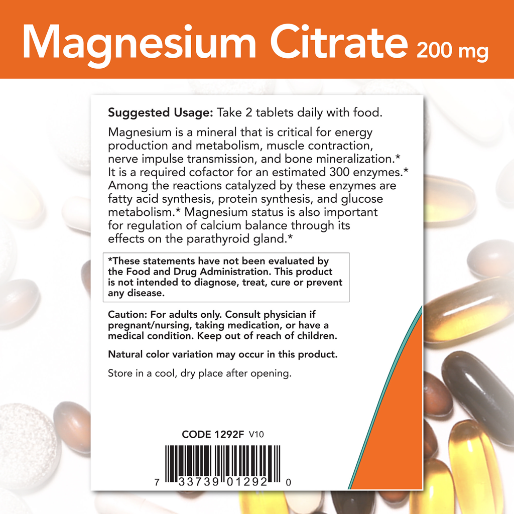 NOW Foods Magnesium citrate 200 mg label 2