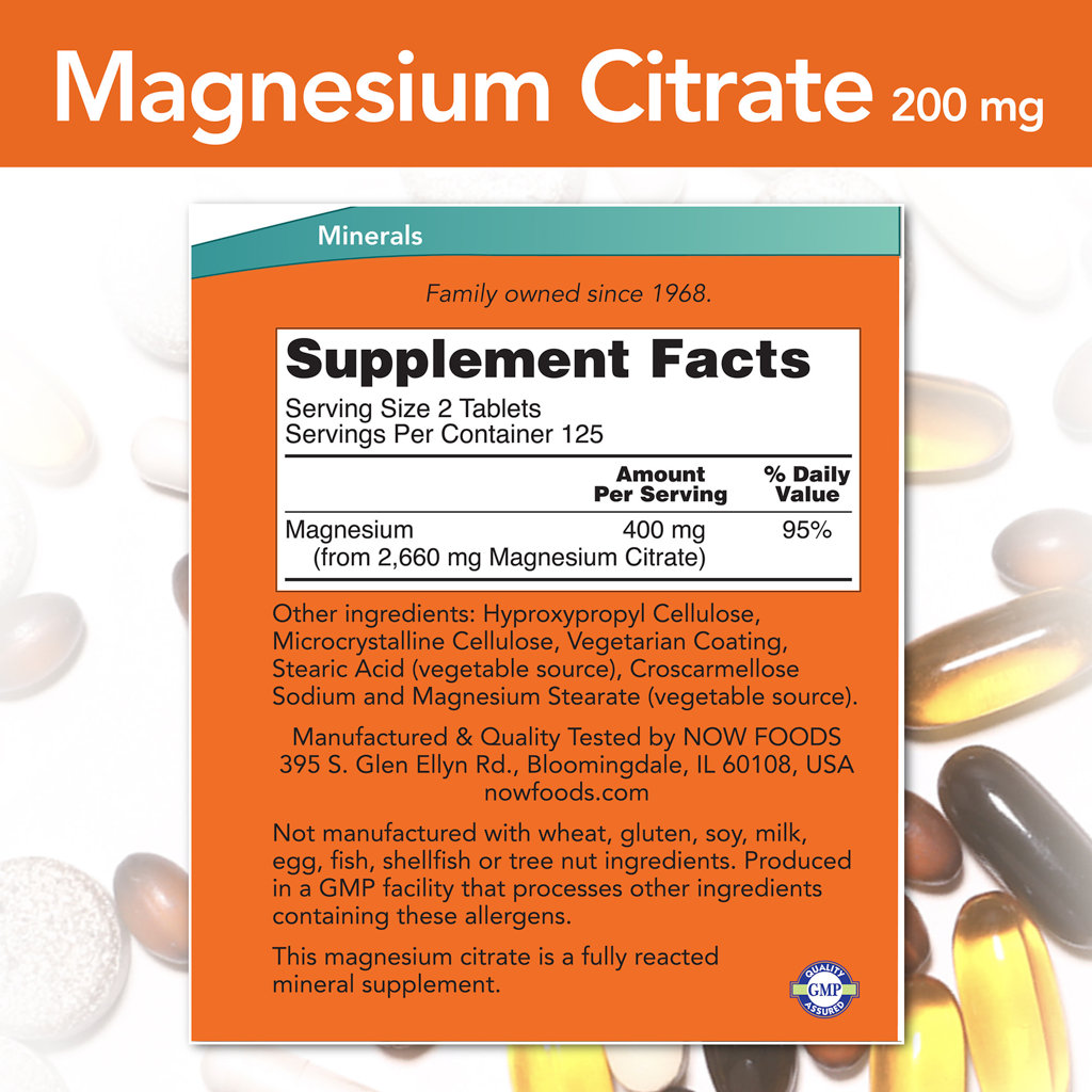 NOW Foods Magnesium citrate 200 mg label