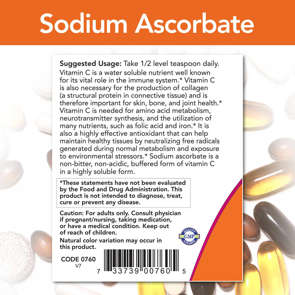 now foods sodium ascorbate powder 227g back cover