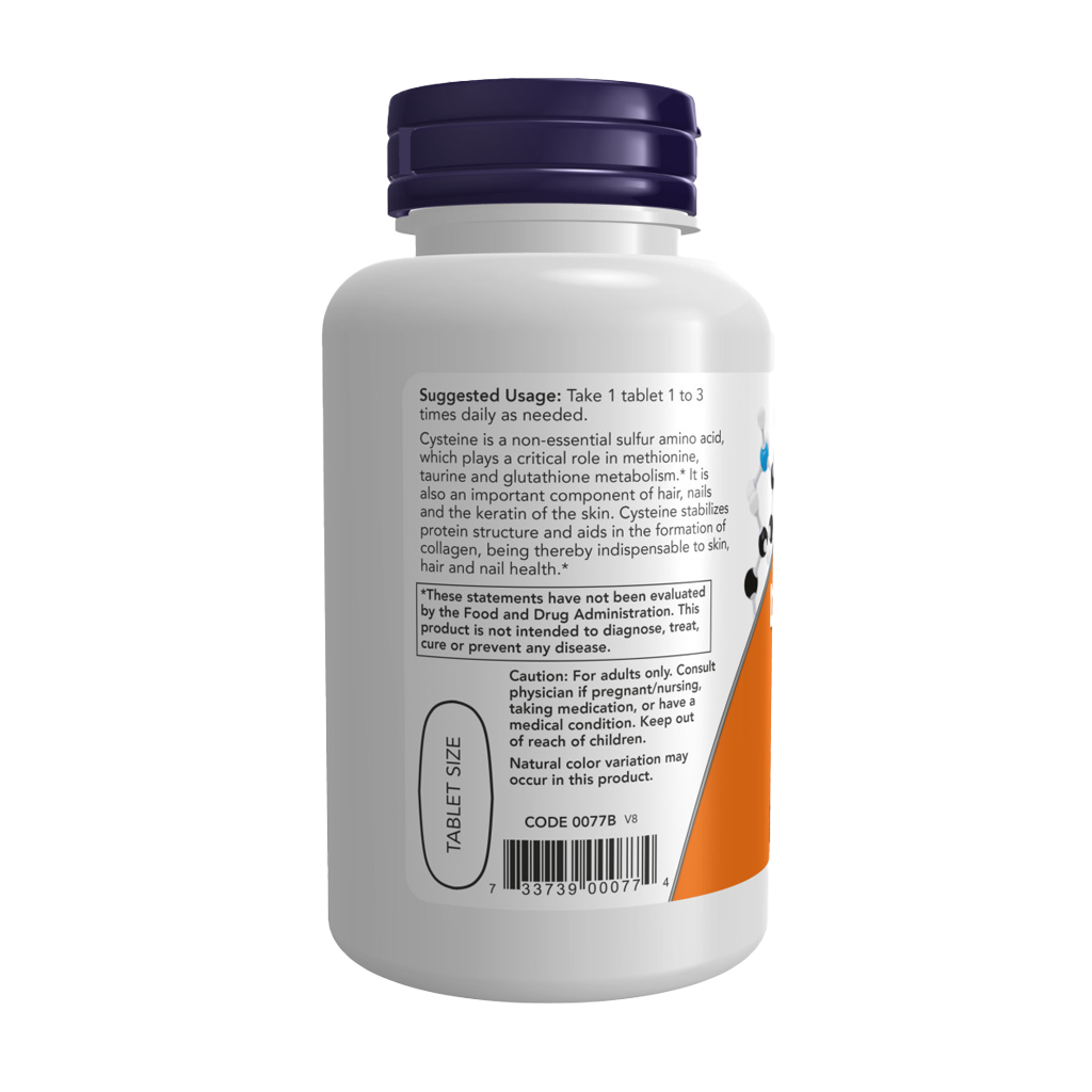 NOW Foods L-Cysteine 500 mg with Vitamin B6 and C 100 tablets Backside