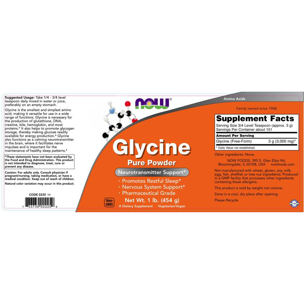 NOW Foods Glycine Pure Powder (454 gr) label
