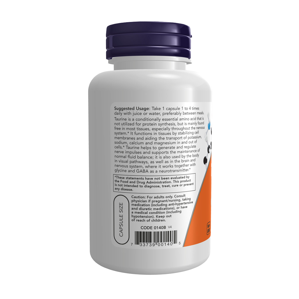 NOW Foods Taurine 500mg (100 capsules) side by side.