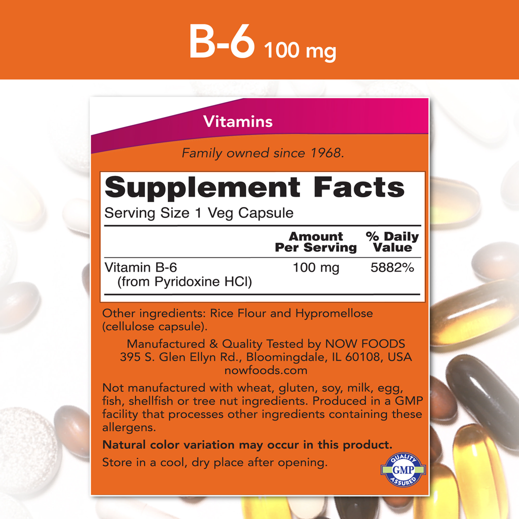 NOW Foods Vitamin B6 100 mg (250 vegetarian capsules)